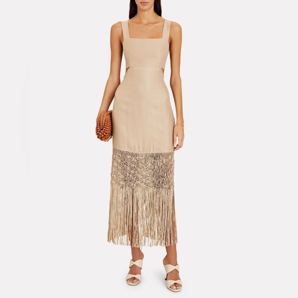 INTERMIX Exclusive Ally Macramé-Trimmed Brown Back Cutout Midi Dress EUC Size 4